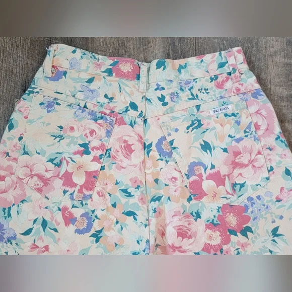 80's 90's Vintage High Waist Floral Print Jean Shorts Womens 4 Cream 100% Cotton - Picture 5 of 10